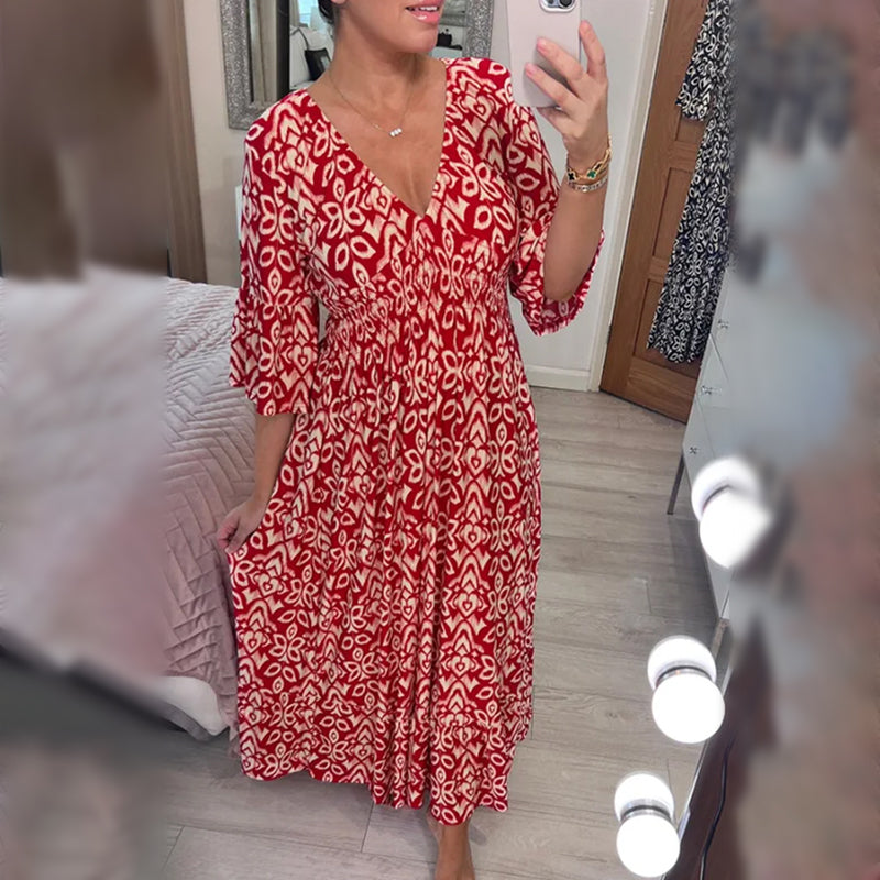 Bohemian Casual Print V-Ausschnitt Taille Wrap langes Kleid
