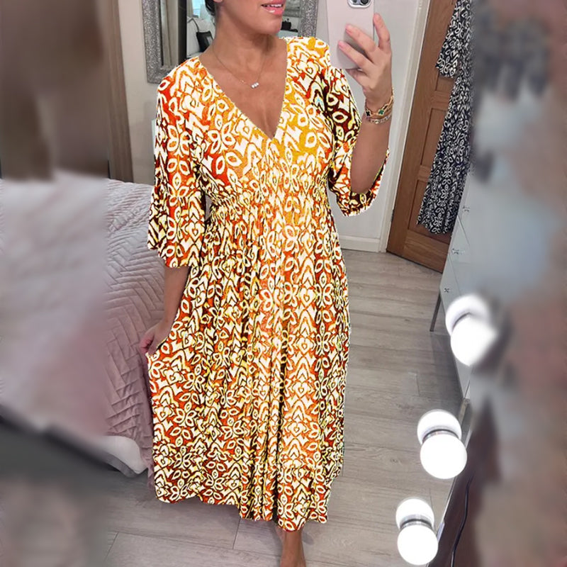 Bohemian Casual Print V-Ausschnitt Taille Wrap langes Kleid