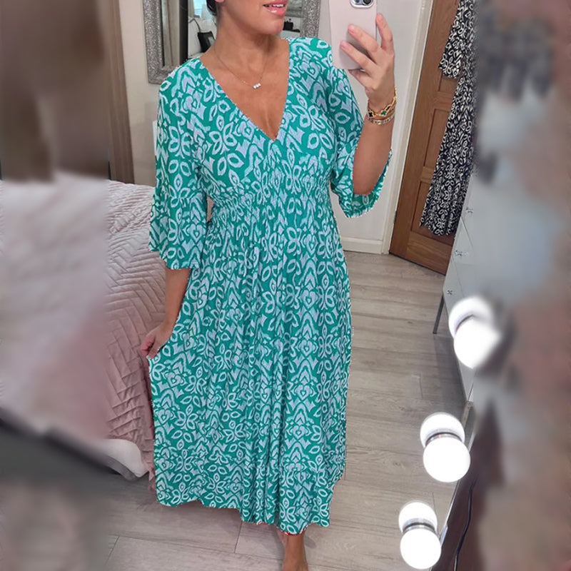 Bohemian Casual Print V-Ausschnitt Taille Wrap langes Kleid