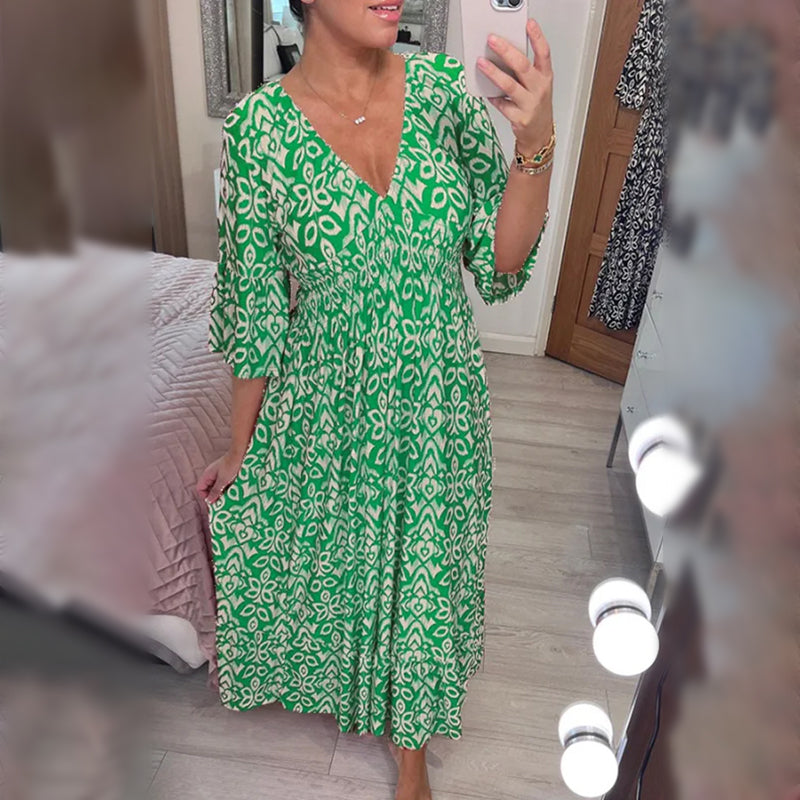Bohemian Casual Print V-Ausschnitt Taille Wrap langes Kleid