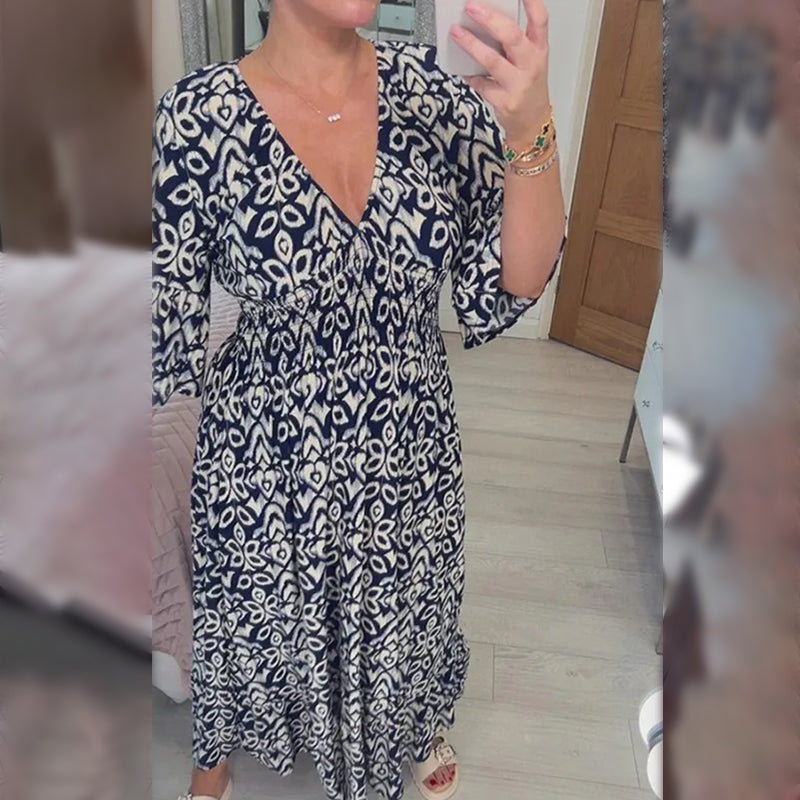 Bohemian Casual Print V-Ausschnitt Taille Wrap langes Kleid