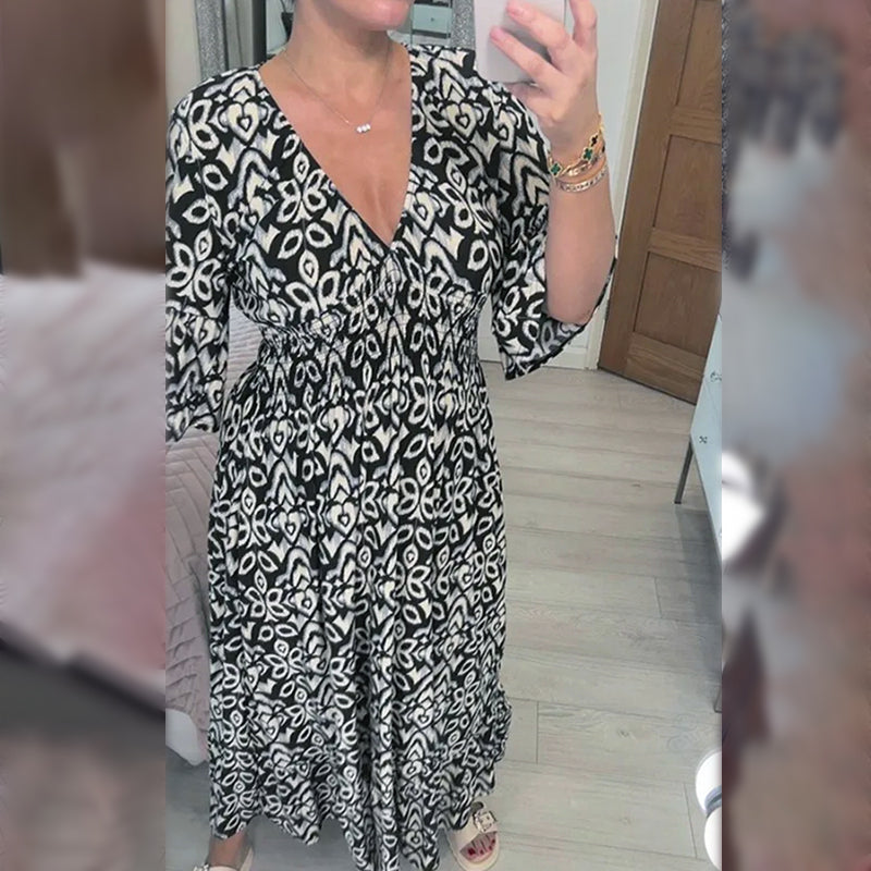 Bohemian Casual Print V-Ausschnitt Taille Wrap langes Kleid