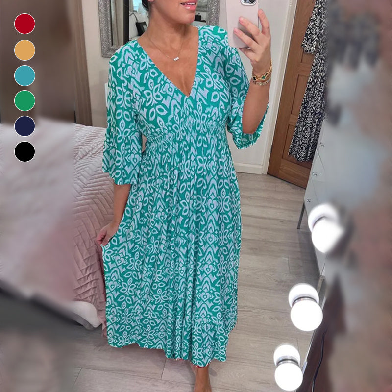 Bohemian Casual Print V-Ausschnitt Taille Wrap langes Kleid